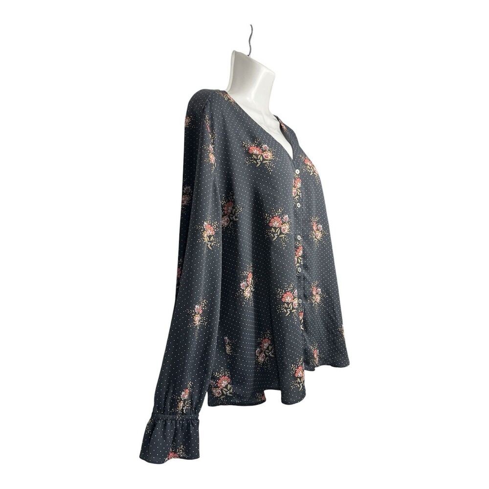LOFT Women Button Up Blouse XL Gray Floral Polka Dot V-Neck Long Sleeve Boho Top - Picture 7 of 8